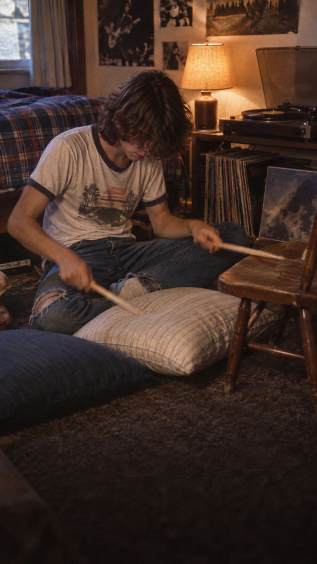 Reconstruction of Dave Grohl in early 1980s: Practises on pillows, chairs