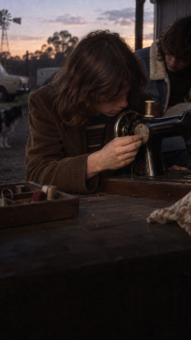 Reconstruction of Angus Young in 1973: A sewing machine label