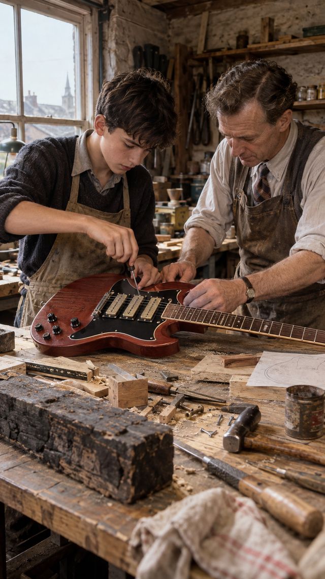 Reconstruction of Brian May in 1963: A guitar built at home