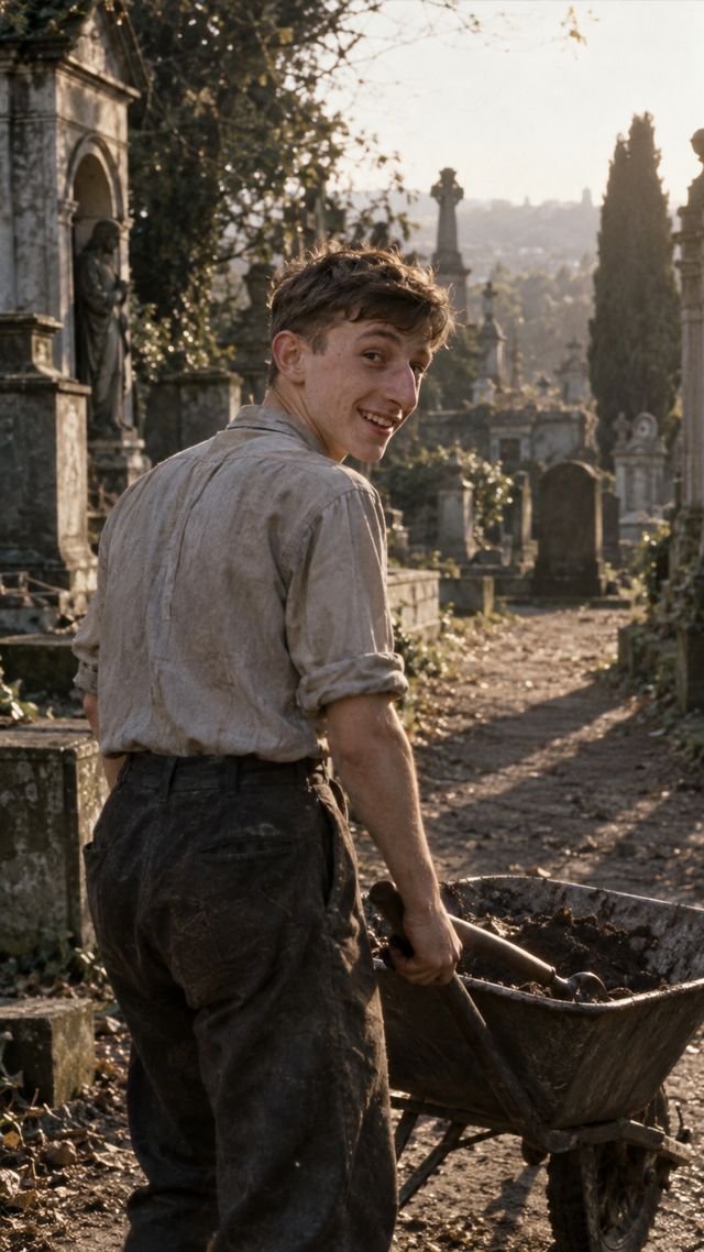 Reconstruction of Rod Stewart in early 1960s: Highgate Cemetery labourer