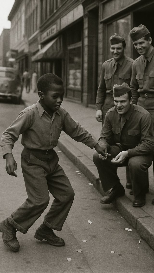 Reconstruction of James Brown in Early 1940s: Dancing for coins on street